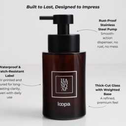 250Ml Amber Glass Soap Dispenser With White Square Label - Refillable Bottle Eco Reusable Design Sustainable Bathroom - thumbnail 3