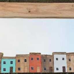 Coastal Village Driftwood Mirror - Handmade Seaside House Wall Art Aqua & Burnt Orange Decor Unique Statement - thumbnail 3