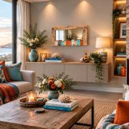 Coastal Village Driftwood Mirror - Handmade Seaside House Wall Art Aqua & Burnt Orange Decor Unique Statement - thumbnail 2