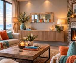 Coastal Village Driftwood Mirror - Handmade Seaside House Wall Art Aqua & Burnt Orange Decor Unique Statement