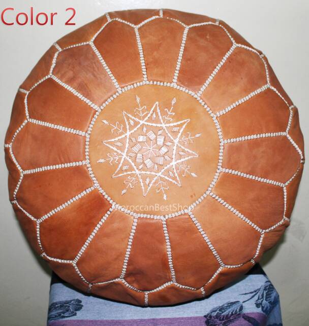 Handmade Moroccan Leather Pouf Round Ottoman Footstool - 7 Colors, Unstuffed 20x12 - image 1