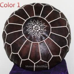 Handmade Moroccan Leather Pouf Round Ottoman Footstool - 7 Colors, Unstuffed 20x12 - thumbnail 2