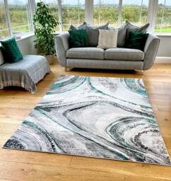 Green Silver Grey Marble Shimmer Sheen Effect Modern Rug Silky Soft Chic Design Area Mat - thumbnail 1
