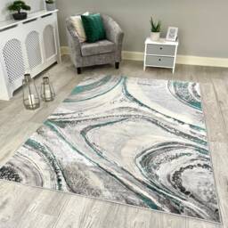 Green Silver Grey Marble Shimmer Sheen Effect Modern Rug Silky Soft Chic Design Area Mat - thumbnail 3