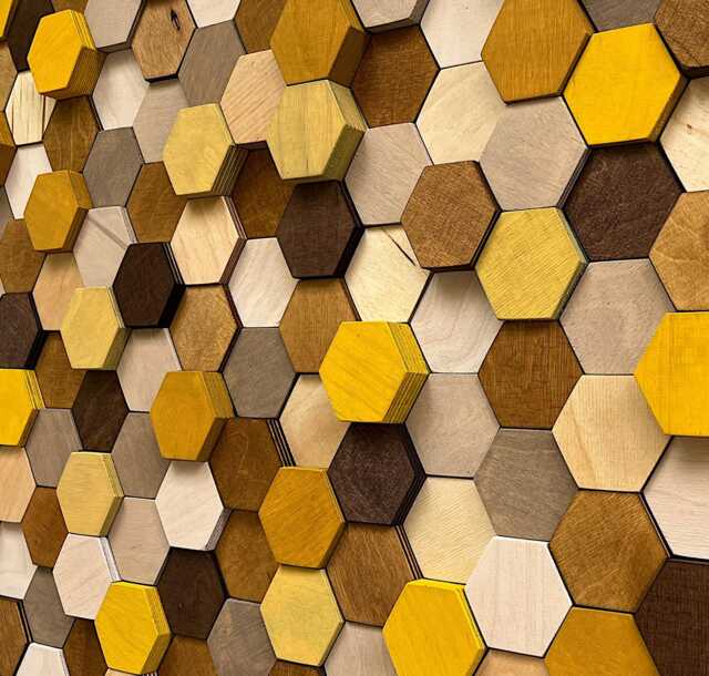 Handmade Hexagon Wood Wall Art - Brown Beige Yellow Mosaic - image 1