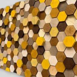 Handmade Hexagon Wood Wall Art - Brown Beige Yellow Mosaic - thumbnail 2