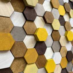 Handmade Hexagon Wood Wall Art - Brown Beige Yellow Mosaic - thumbnail 4