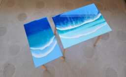 Handmade Ocean Wave Resin Coffee Tables Coastal Beach Decor - Set Of 2