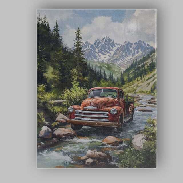 Classic Red Pickup Truck Alpine Forest River Canvas Wall Art Print Decor Picture Ready To Hang - image 1