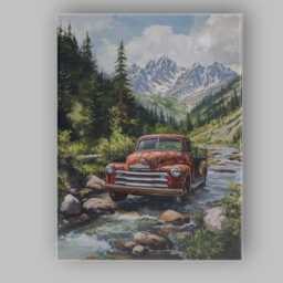 Classic Red Pickup Truck Alpine Forest River Canvas Wall Art Print Decor Picture Ready To Hang - thumbnail 1