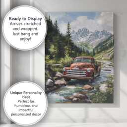 Classic Red Pickup Truck Alpine Forest River Canvas Wall Art Print Decor Picture Ready To Hang - thumbnail 3