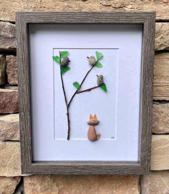 Pebble Art, Cat Watching Birds, Framed Coastal Artwork - 8x10 - image 1