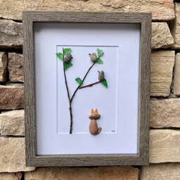 Pebble Art, Cat Watching Birds, Framed Coastal Artwork - 8x10 - thumbnail 3