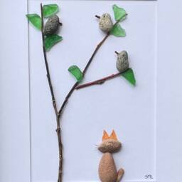 Pebble Art, Cat Watching Birds, Framed Coastal Artwork - 8x10 - thumbnail 2