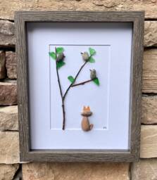 Pebble Art, Cat Watching Birds, Framed Coastal Artwork - 8x10 - thumbnail 1