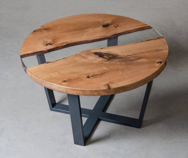 Round Resin Coffee Table Made Oak Slabs, River Table, Live Edge End Table - image 1