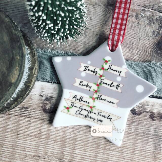 Personalised Christmas Family Names Signpost Design Nordic Style Ceramic Or Acrylic Round Star Ornament Keepsake - image 1
