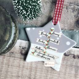 Personalised Christmas Family Names Signpost Design Nordic Style Ceramic Or Acrylic Round Star Ornament Keepsake - thumbnail 1