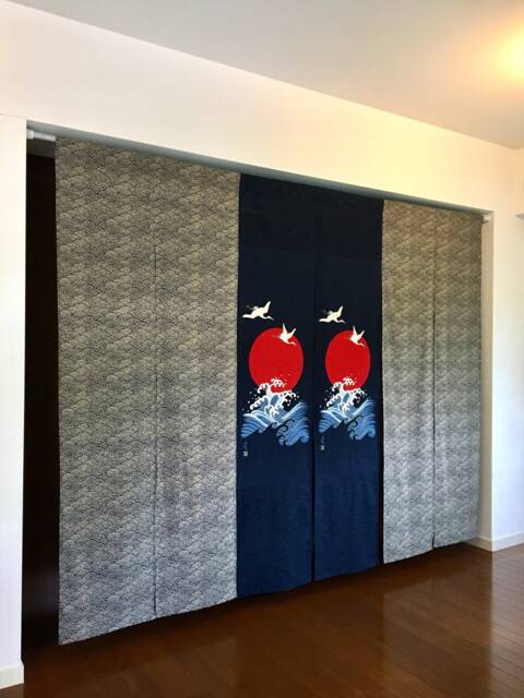 Japanese Wave Fabric Door Step, Blue Crane Noren Curtain, Order Made, Wall Tapestry, Tsunami Panel - image 1