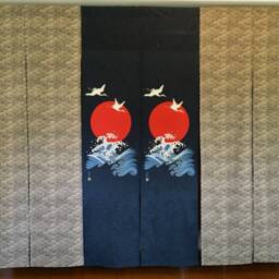 Japanese Wave Fabric Door Step, Blue Crane Noren Curtain, Order Made, Wall Tapestry, Tsunami Panel - thumbnail 2