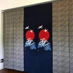 Japanese Wave Fabric Door Step, Blue Crane Noren Curtain, Order Made, Wall Tapestry, Tsunami Panel - thumbnail 3