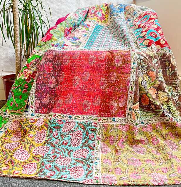 Kantha Stitch Pure Cotton Reversible Bed/Sofa Throw King Size - Handmade Handprint Floral Dohar White Multicolour Patchwork Red Blue Green - image 1