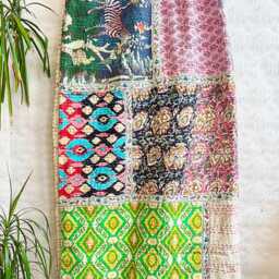 Kantha Stitch Pure Cotton Reversible Bed/Sofa Throw King Size - Handmade Handprint Floral Dohar White Multicolour Patchwork Red Blue Green - thumbnail 4