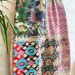 Kantha Stitch Pure Cotton Reversible Bed/Sofa Throw King Size - Handmade Handprint Floral Dohar White Multicolour Patchwork Red Blue Green - thumbnail 3