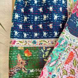 Kantha Stitch Pure Cotton Reversible Bed/Sofa Throw King Size - Handmade Handprint Floral Dohar White Multicolour Patchwork Red Blue Green - thumbnail 2