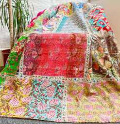 Kantha Stitch Pure Cotton Reversible Bed/Sofa Throw King Size - Handmade Handprint Floral Dohar White Multicolour Patchwork Red Blue Green - thumbnail 1