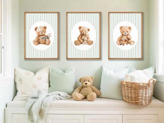 Vintage Teddy Bear Prints Sage Green Nursery Wall Art, Set Of 3 - image 1