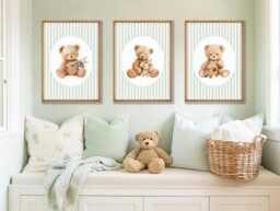 Vintage Teddy Bear Prints Sage Green Nursery Wall Art, Set Of 3 - thumbnail 1