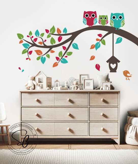 Owl Family Branch Wall Decal - Colorful Nursery Decor - image 1