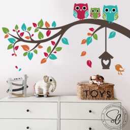 Owl Family Branch Wall Decal - Colorful Nursery Decor - thumbnail 2