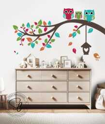 Owl Family Branch Wall Decal - Colorful Nursery Decor - thumbnail 1