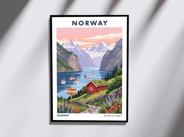 Norwegian Fjord Cabin Print - Norway Travel Poster Scandinavian Living Room Wall Art Office Decor - image 1
