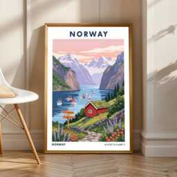 Norwegian Fjord Cabin Print - Norway Travel Poster Scandinavian Living Room Wall Art Office Decor - thumbnail 2