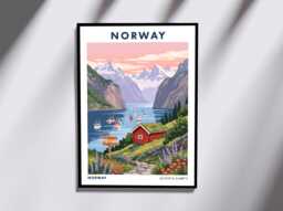Norwegian Fjord Cabin Print - Norway Travel Poster Scandinavian Living Room Wall Art Office Decor - thumbnail 1