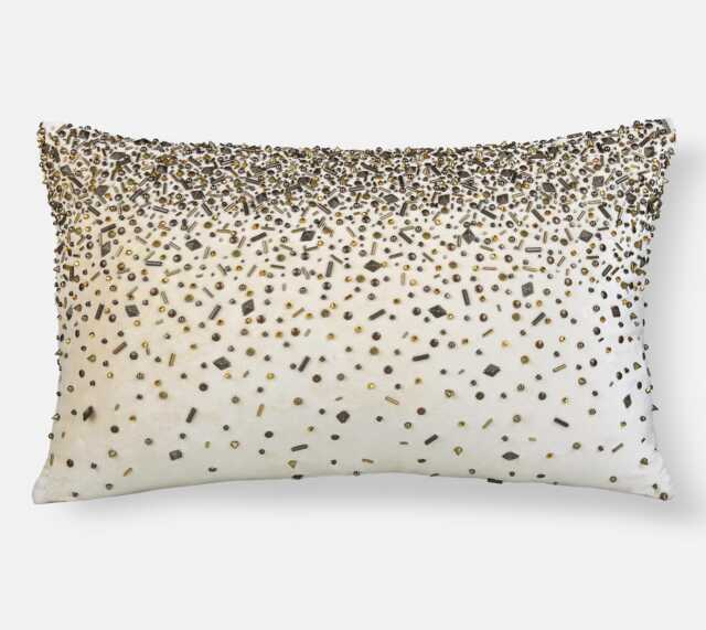 Hand Embroidered Beaded Velvet Pillow Cover, Cream & Antique Gold - Bmcc040 - image 1