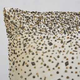 Hand Embroidered Beaded Velvet Pillow Cover, Cream & Antique Gold - Bmcc040 - thumbnail 3