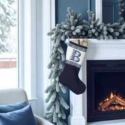 Santa Stocking, Delft Blue, Custom Initial, Holiday Decor, Christmas Home Decoration, Stocking For Kids, Initial B, B - thumbnail 1