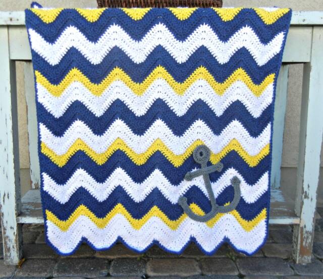Chevron Anchor Baby Blanket Blue Yellow Shower Gift Ready To Ship - image 1