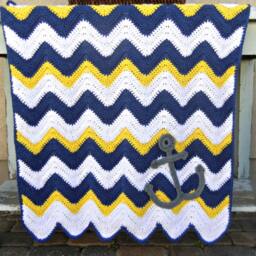 Chevron Anchor Baby Blanket Blue Yellow Shower Gift Ready To Ship - thumbnail 4