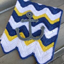 Chevron Anchor Baby Blanket Blue Yellow Shower Gift Ready To Ship - thumbnail 3