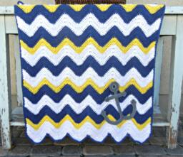 Chevron Anchor Baby Blanket Blue Yellow Shower Gift Ready To Ship - thumbnail 1