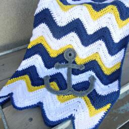 Chevron Anchor Baby Blanket Blue Yellow Shower Gift Ready To Ship - thumbnail 2