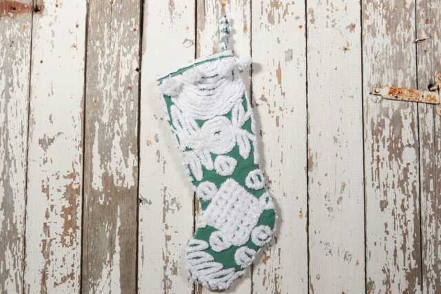 Green & White - Lush & Fluffy Vintage Chenille Christmas Stocking Pom Pom, Flower - image 1