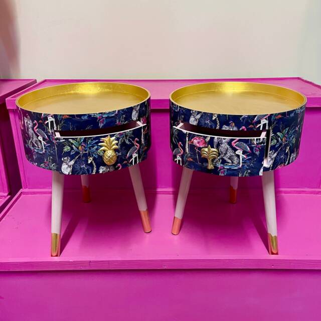 Pair Of Round Bedside Table Dusky Pink & Blue, Gold Metallic Leaf Leopard Round . Nightstand Or Side Table, Tropical Flamingo - image 1