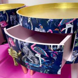 Pair Of Round Bedside Table Dusky Pink & Blue, Gold Metallic Leaf Leopard Round . Nightstand Or Side Table, Tropical Flamingo - thumbnail 2