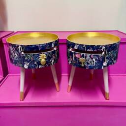 Pair Of Round Bedside Table Dusky Pink & Blue, Gold Metallic Leaf Leopard Round . Nightstand Or Side Table, Tropical Flamingo